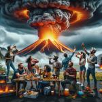 DALL·E 2024-01-04 09.31.04 - An adventurous and dynamic scene of a Beer Party during a Volcano Eruption. In the foreground, a diverse group of friends, including people of Asian.png